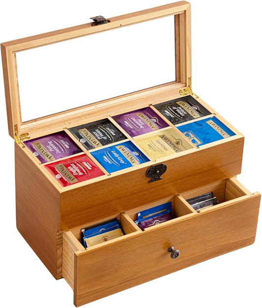 WELLAND Wood Tea Bag Organizer, Storage Box with Clear Acrylic Window, 2-layer 14 Compartments Large Capacity Tea Bag Holders, Gift Idea by WELLAND