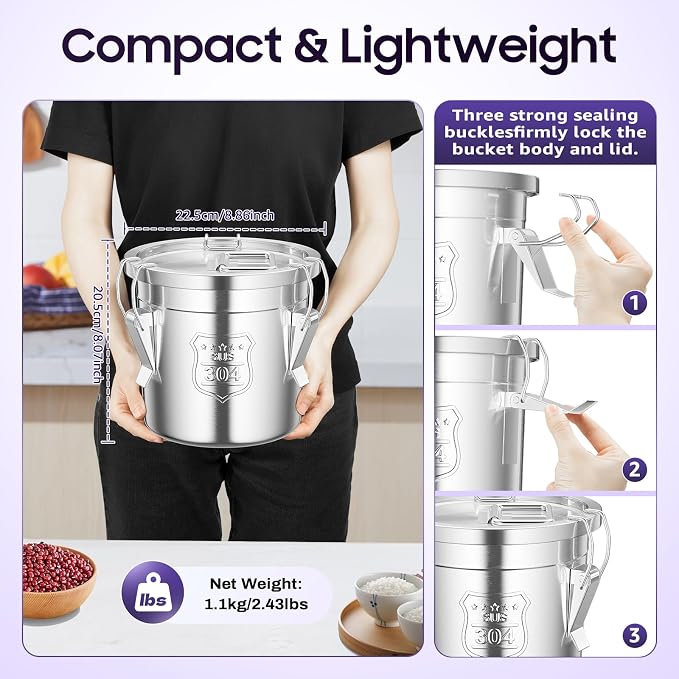 DYNAMI 304 Stainless Steel Containers With Lid,202oz Airtight Flour Container for Kitchen,5-10lbs Metal Airtight Canisters Milk Jug Coffee Bean Cookies Canisters w/Locking Clamp (6L/1.6Gal) - Image 8