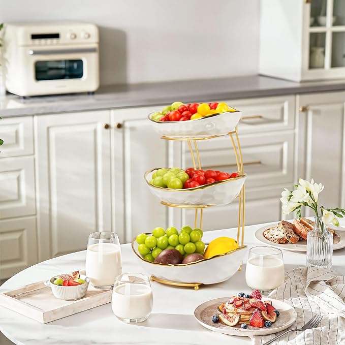 3 Tier Fruit Bowl for Kitchen Counter, Ceramic Fruit Basket with Metal Stand, Tiered Fruit Bowl for Counter Serving Stand for Fruit Vegetable Storage, Snack, Nuts, Cake, Dessert - Image 8