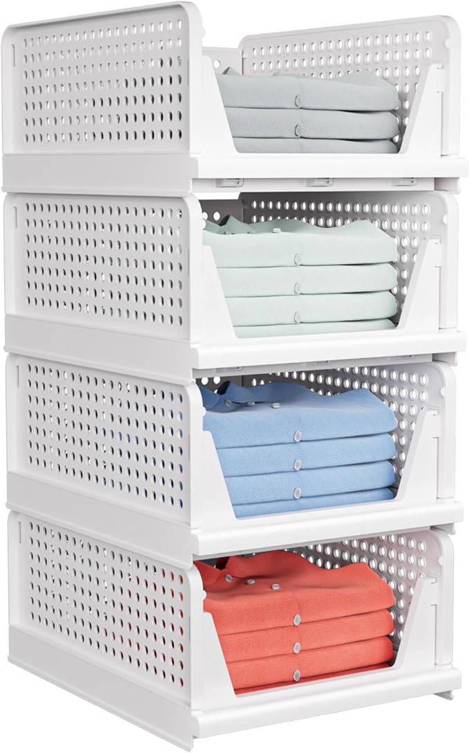 4 Pack Stackable Closet Storage Basket - Stackable Storage Bins | Multifunctional & Foldable Closet Organizer Waterproof, Wardrobe Cupboard Space-Saving Storage Drawer Organizer by shoeboxesanddeskorganizers