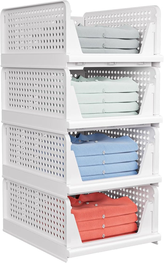 4 Pack Stackable Closet Storage Basket - Stackable Storage Bins | Multifunctional & Foldable Closet Organizer Waterproof, Wardrobe Cupboard Space-Saving Storage Drawer Organizer by shoeboxesanddeskorganizers