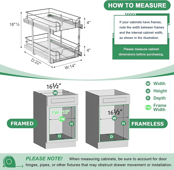 2-Tier Pull Out Cabinet Organizer (14" W x 22" D) | Soft Close Cabinet Slide Out Shelves, Heavy Duty Slide Out Drawers with Shelf Liner for Kitchen Cabinets, Pantry, Bathroom - Image 3