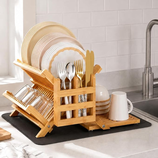Greenual Bamboo Dish Drying Rack with Utensil Holder, 3 Tier Collapsible Dish Rack, Wooden Dish Racks for Kitchen Counter, Large Folding Drying Holder with Absorbent Dish Drying Mat by Greenual