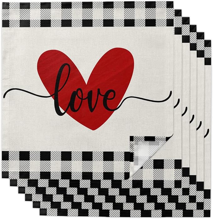Kitchen Cloth Napkins 6 Pack Reusable Dinner Napkins Love Valentines Red Heart Black White Buffalo Plaid Linen Soft Smooth Fabric Table Napkin for Wedding Banquet Party Decoration (20x20 Inches) by T%26H+XHome