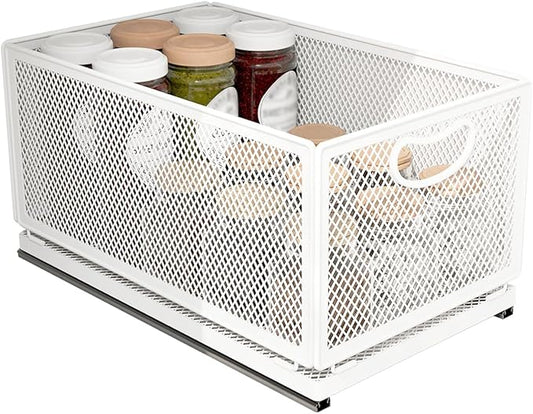 Sliding Cabinet Basket Organizer Drawer Self Adhesive Slide out Pantry Shelves Heavy Duty Carbon Steel Slide Cabinet Storage Basket with Handle for Bathroom Kitchen Home by ULIKEUS