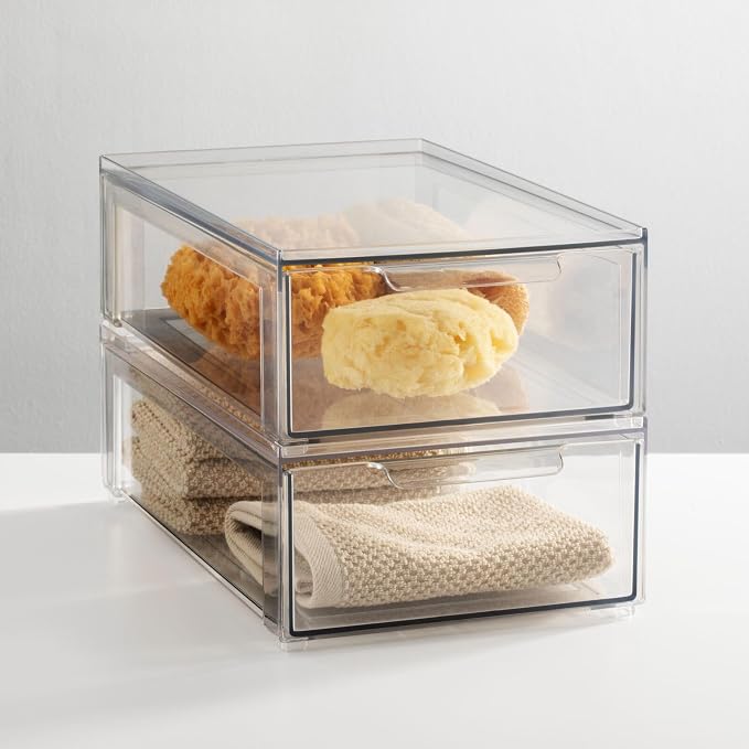 mDesign Plastic Stackable Bathroom Storage Organizer Bin with Pull Out Drawer for Cabinet, Vanity, Shelf, Cupboard, Cabinet, or Closet Organization - Lumiere Collection - 8 Pack - (Clear, 8 x 12 x 4) - Image 2
