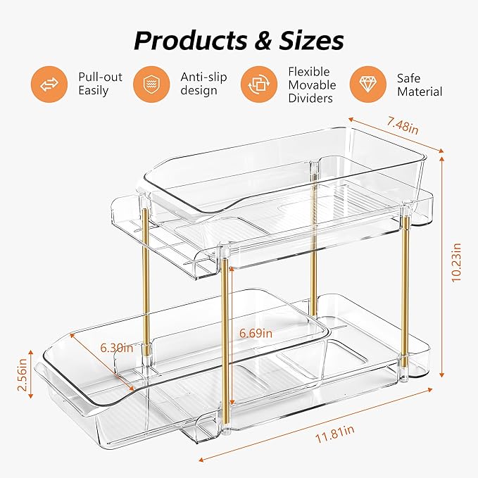 LAREKUN2pack 2-Tier Organizer & Storage Unit Stackable Bathroom Cabinet Organizer Pull-Out Kitchen Pantry Organizer & Storage System Suitable for Countertops, Pantries, Kitchens, Bathrooms - Image 3