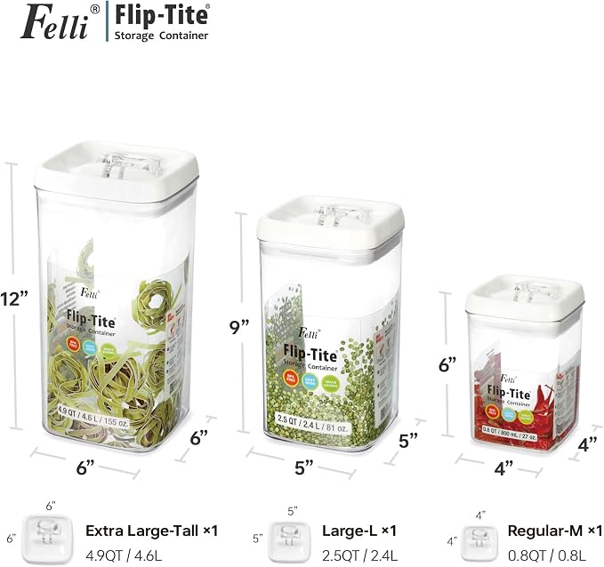 Felli Flip Tite Acrylic Food Storage Container with Lid 6” XL Air Tight Ring Seal Flip Lock, Plastic Kitchen Baking Canister for 5 lb Flour Sugar Rice Protein Powder Pantry Organizer (Nest-L White) - Image 7