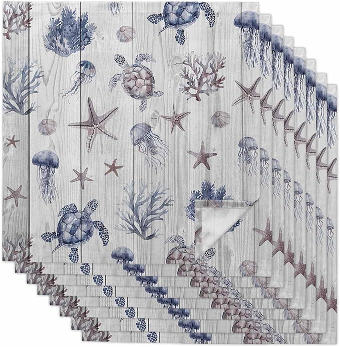 Coastal Starfish Cloth Napkins Set of 8 - Ocean Turtle Seashells Jellyfish Wood Grain Washable Dinner Napkins Reusable Table Napkins for Party Weeding Dining Table Setting Decoration,Oversized 20"x20" by Unknown