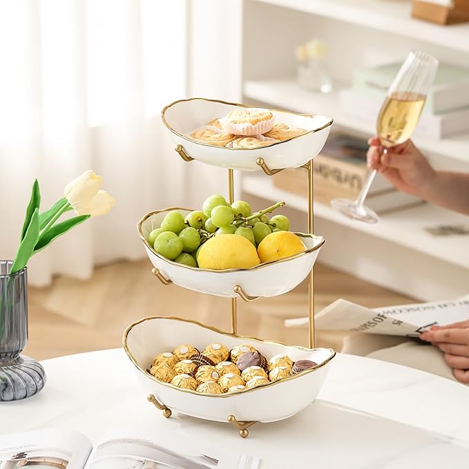 3-Tier Fruit Bowls for Kitchen Counter,Ceramic White Bowl with Gold Metal Stand,3 Tier Fruit Basket for Fruit,Snack,Cake,Nuts,Dessert Storage - Image 6