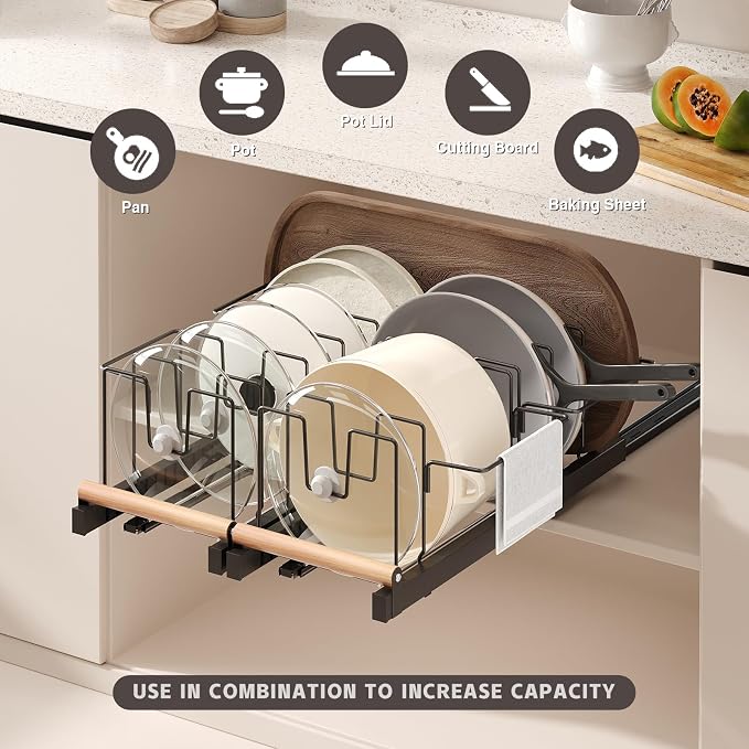 Magheo Pull Out Pots and Pans Organizer Under Cabinet, 22" Deep Expandable Pot Lid Organizer and Storage with 10 Adjustable Dividers Adhesive Pot and Pan Holder Rack with Handle Bracket(1 Pack,Black) - Image 2