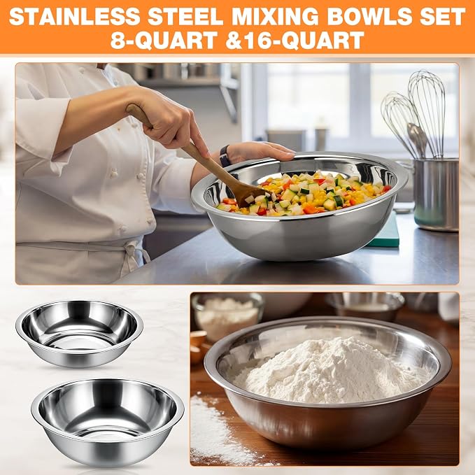 Stainless Steel Mixing Bowls Set - 4-Piece Polished Mirror Nesting Bowls 2 Pcs 8-Quart and 2 Pcs 16-Quart Flat Base Ideal for Kitchen, Cooking, Baking and Storage, Shallow - Image 5