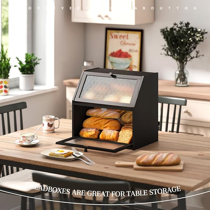 STDDRE Bread Box for Kitchen Countertop Bin Double Layer Bread Box Storage Container Extra Large Capacity with Diamond Pattern Windows (Black, Extra Large) - Image 3