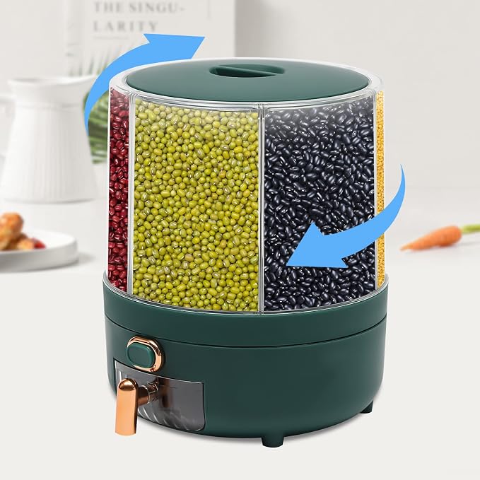 360° Rotating Grain Dispenser With 6 Grids, 13.2lbs Large Capacity Grain Dispenser Rotating Kitchen Storage Containers With Sealed Lid For Peanut Barley Millet And Cereal (Green, 14.3 lbs) - Image 3