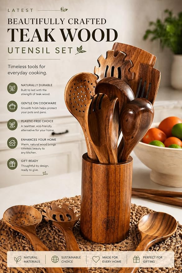 Wooden Cooking Utensils Set – Coki Home 9-Piece Teak Wood Kitchen Utensils with Holder, Nonstick Safe, Plastic-Free, Food-Safe Cooking Tools - Image 5