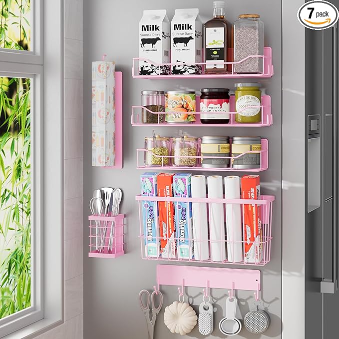 Magnetic Spice Rack for Refrigerator, 7 Pack Magnetic Fridge Shelf for Kitchen Organization Storage, Moveable Spice Organizer W/Paper Towel Holder, Utensil Caddy, Cutting Board Rack (Pink) by IYEBAU