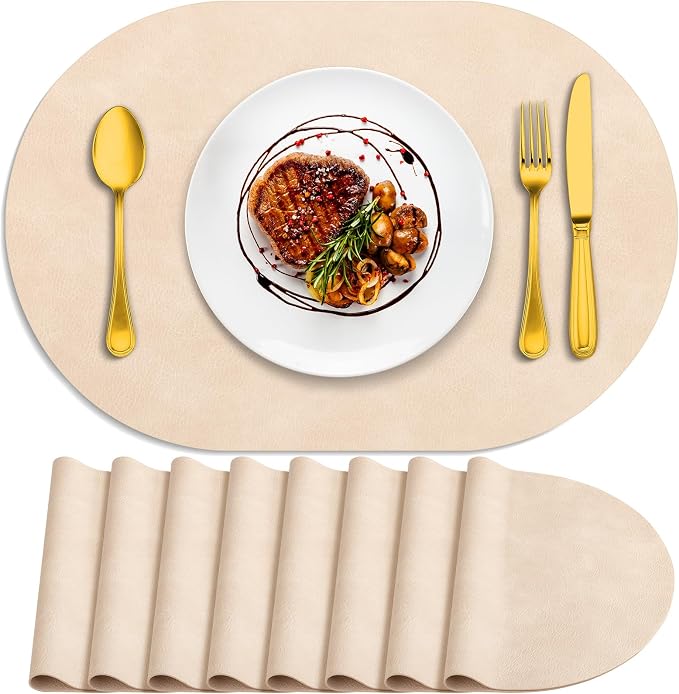 ADRIMER Placemats, Heat Resistant Oval Placemats Set of 8 Washable 12 x 17 Inch, Waterproof Table Mats, Wipeable Pu Place Mats for Kitchen, Dining Room, Beige by Adrimersdreamistobeanindispensablecompanioninyourlife
