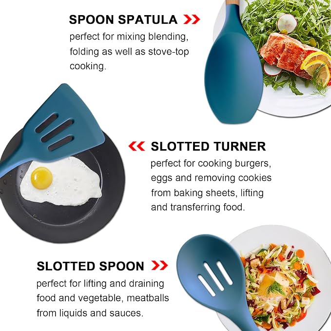 Silicone Cooking Utensils Set 6Pcs Heat Resistant Silicone Kitchen Utensils Set for Cooking Spatula Spoon Turner Ladle w Wooden Handle, BPA FREE Kitchen Gadgets for Nonstick Cookware & Baking - Image 5