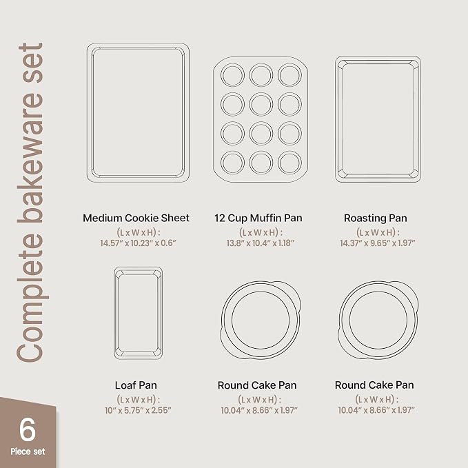 BAKKEN 6-Piece Kitchen Baking Pan Set - Commercial Grade Carbon Steel Bakeware, With Nonstick Coating, Stackable and Space-saving Design, PFOA, PFOS, PTFE Free, Oven Safe Tray (Up To 450°F), Brown - Image 2