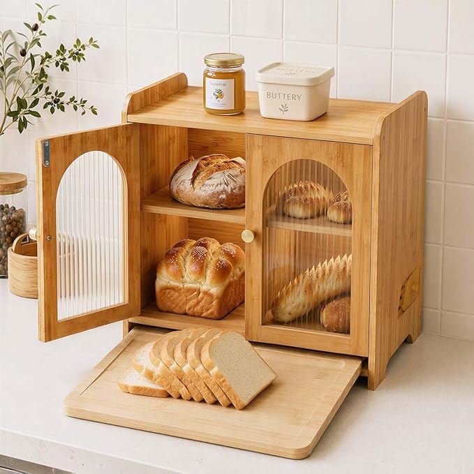 Bread Box for Kitchen Countertop, Large Double Layer Wooden Bread Storage Container with Acrylic Window, Adjustable Air Vents & Built-In Cutting Board, Pantry Organizer by EMOJOY
