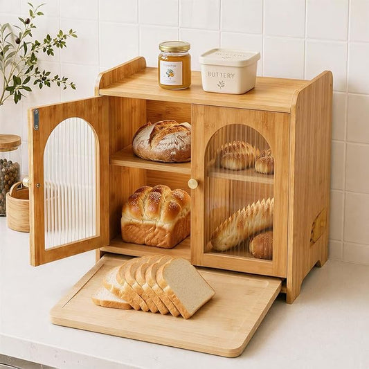 Bread Box for Kitchen Countertop, Large Double Layer Wooden Bread Storage Container with Acrylic Window, Adjustable Air Vents & Built-In Cutting Board, Pantry Organizer by EMOJOY