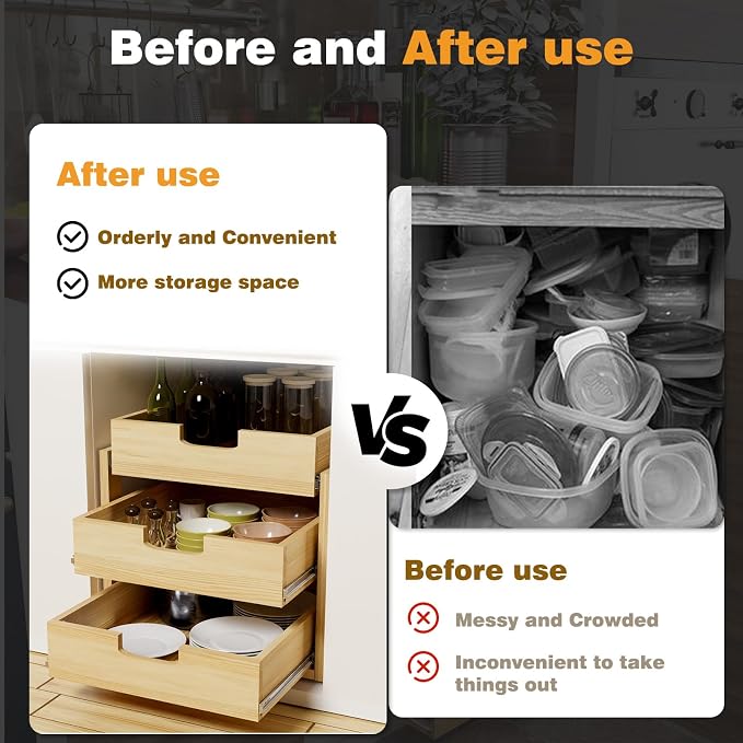 Pull Out Cabinet Organizer, 23''W×21''D Sliding Drawers for Cabinets, 3 Tier Soft Close Slide Out Wooden Pull out Drawers, Base Cabinet Organization for Kitchen, Pantry, Bathroom - Image 6
