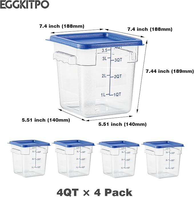 4 Pack 4 QT Food Storage Containers with Blue Lids Hot Cold Resistant Stackable Square Commercial Container Set with Handle, Clear Scarle Home Party Food Organizion BPA-Free Polycarbonate - Image 4