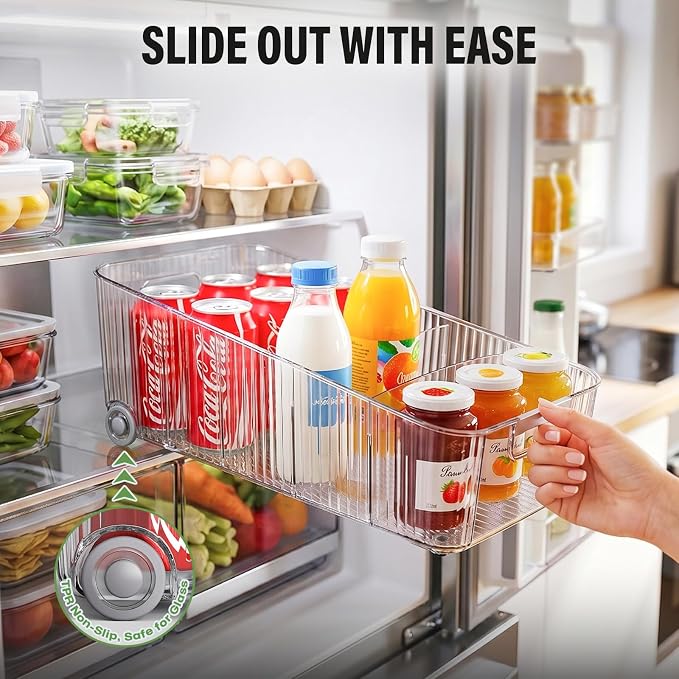 Pull Out Fridge Organizer Bins with Wheels, 8 Dividers, 2-Pack | Clear PET storage bins with handles, rear wheels and adjustable dividers for refrigerator, pantry and cabinet shelves - Image 2