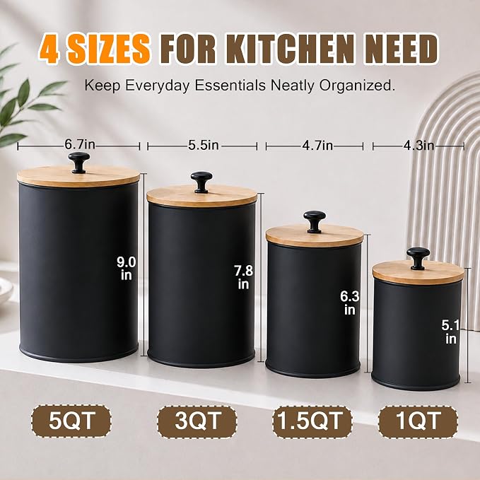 Kitchen Canister Set of 4 Airtight Metal Containers with Bamboo Lids, Black | Flour sugar coffee tea canisters set with bamboo lids, customizable chalkboard labels & marker pen - Image 2