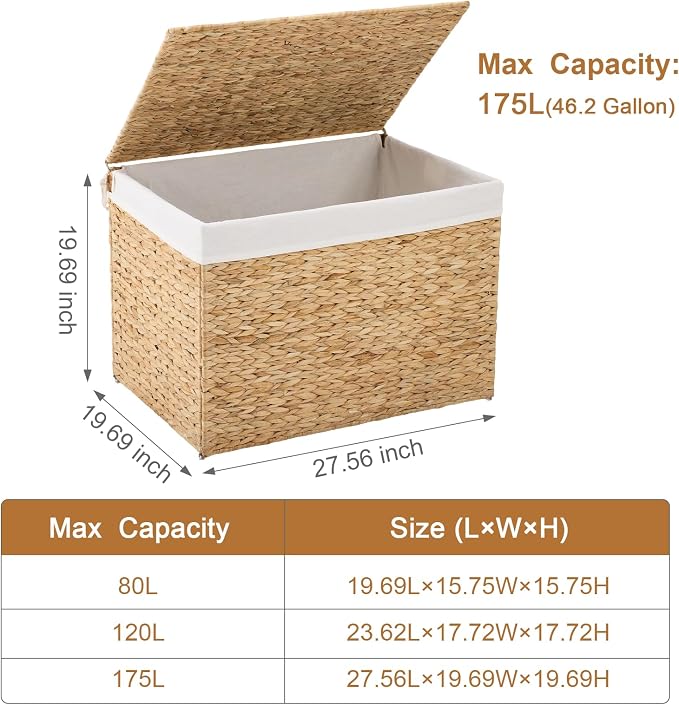 Water Hyacinth Storage Basket with Lid, 46.2 Gallon (175L) Wicker Shelf Basket with Removable Liner, Wicker Storage Basket for Blanket, for Livingroom, Bedroom, Natural - Image 4