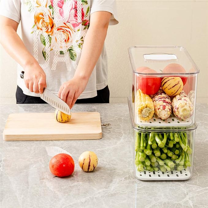 SANNO Produce Saver Refrigerator Organizer Bins with Lids And Removable Drain Tray Food Storage Container Fridge Stackable Freezer Bins For Kitchen Produce Fruit Vegetable (Set of 2) - Image 2