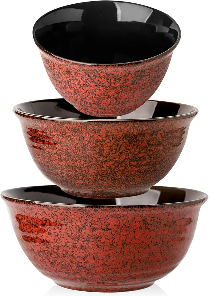 Hasense Mixing Bowls Set of 3, Procelain Serving Bowls Set for Cooking, Baking, Large Nesting Bowls for Salads, Fruit, 2.1/1.5/1.0 Qt, Dishwasher & Microwave Safe, Red by Hasense