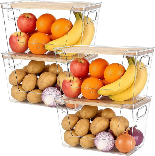 4 Set Potato And Onion Storage Bins with Bamboo Lid, Clear by Hiziwimi