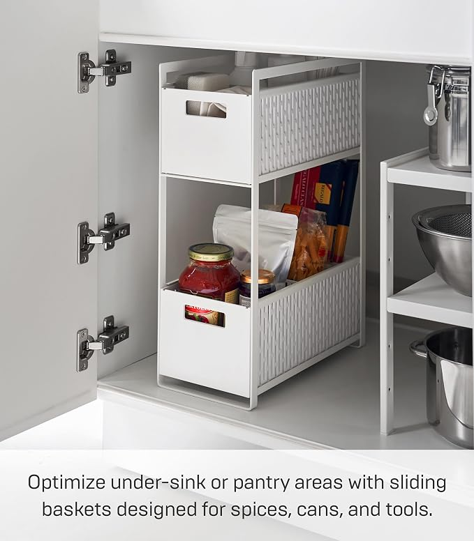 YAMAZAKI Home 2-Tier Storage Basket, Under-Sink Storage, ABS Plastic, White | Two-tier sliding baskets organizer rack designed for pantry or under-sink storage. Sturdy organization. - Image 2