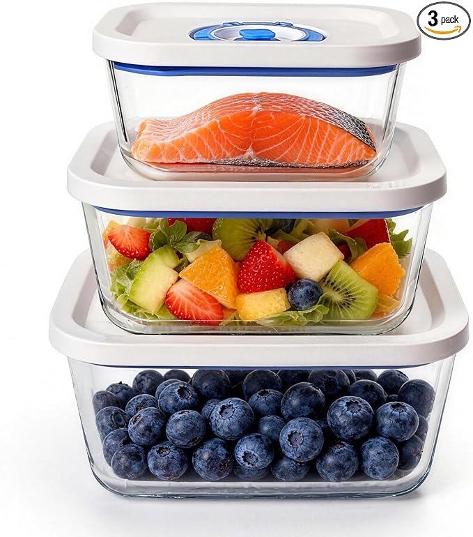 Vacuum Seal Borosilicate Glass Containers for Food Storage, 3 Sizes (S M L) Compatible with Desktop and Handheld Vacuum Sealer Machines, Airtight Lid Set by PARAPOINT