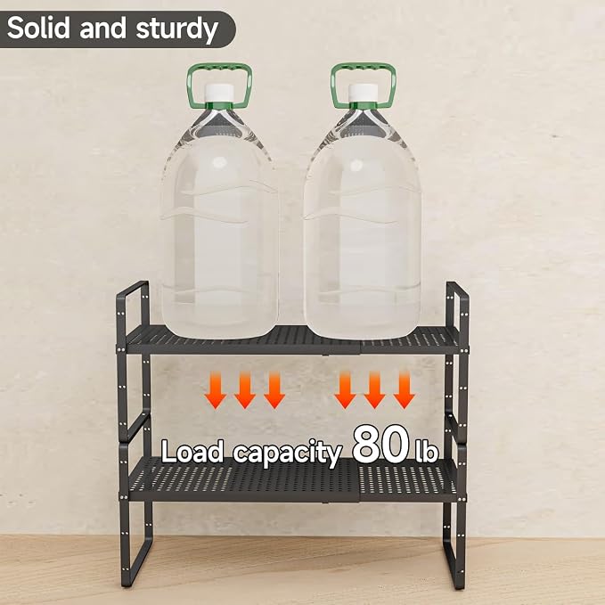 2Pack 16.5-27''L Expandable Cabinet Countertop Shelf Organizer, Black | 8"W x 9.6"H, Stackable Metal Shelves, Storage Spice Rack, For Pantry and Cupboard, Kitchen Organizers and Storage - Image 3