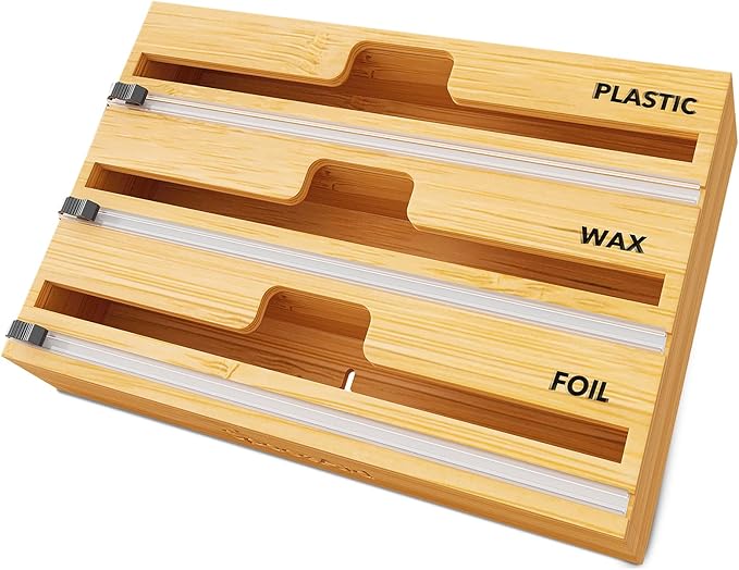 SpaceAid WrapNeat 3 in 1 Wrap Organizer with Cutter and Labels, Plastic Wrap, Aluminum Foil and Wax Bamboo Dispenser for Kitchen Storage Organization Holder for 12" Roll (Natural) by SpaceAid