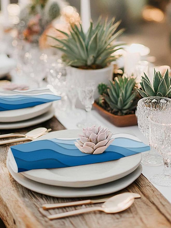 Blue White Sea Waves Cloth Napkins Washable Set of 8, 20 x 20 Inch Reusable Coastal Ombre Abstract Beach Ocean Stripes Dinner Table Napkins Cloth Bulk for Wedding Kitchen Restaurant Hotel Event Party - Image 6