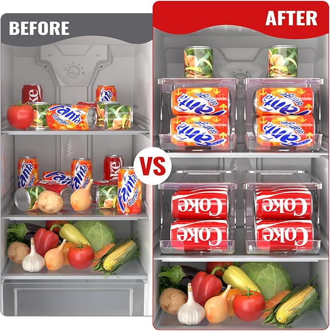 SCAVATA 4 Pack Stackable Refrigerator Organizer, Soda Can Dispenser Pop Cans Container Beverage Holder with Lid for Fridge, Freezer, Kitchen, Clear Plastic Storage Bins-Holds 10 Cans Each - Image 6