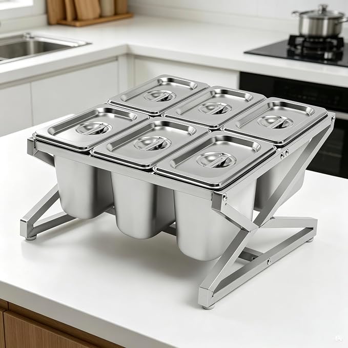 Pizza Topping Station Condiment Container Food Prep Ingredients Holder | Stainless Steel Organizer Container Set Spice Rack with 6 Pans& Lids for Kitchen Restaurants Buffes - Image 8