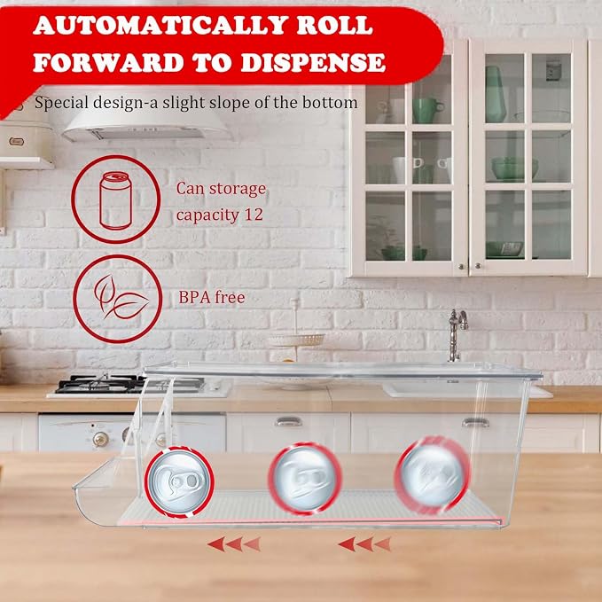 euoloar 2 Pack Soda Can Organizer for Refrigerator Stackable Can Holder Dispenser with Lid for Fridge Rack Freezer, Clear Storage Bins-Holds 12 Cans Each (Clear) - Image 3
