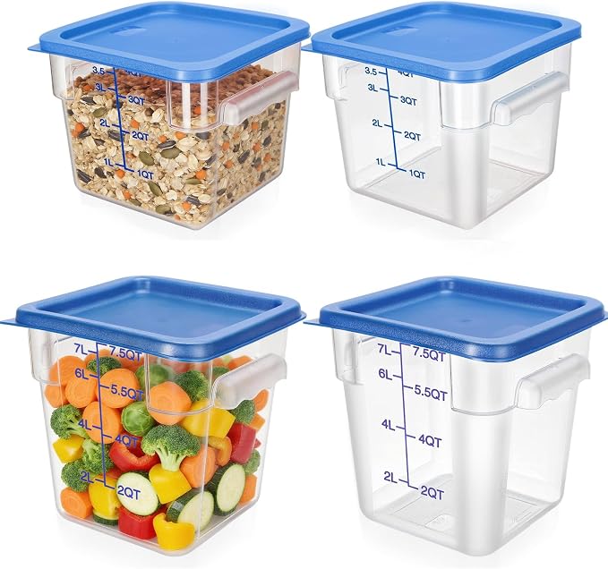 Lallisa 4 Pcs 8qt & 4qt Clear Food Storage Containers with Lids Handles and Scales, Stackable Plastic Square Food Storage Containers for Dough Proofing Baking Kitchen Restaurant(Blue) by Lallisa