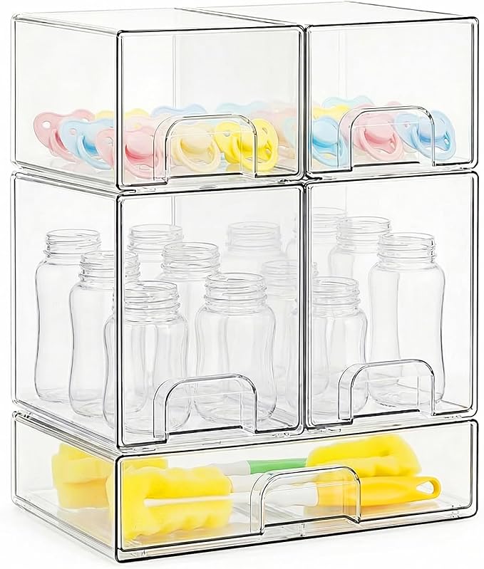 Bottle Storage Organizer Baby, Clear Stackable Storage Drawers Set for Baby Bottle, Beauty Supplies Storage, Ideal for Countertop, Vanity, Bathroom, Cabinet, Pantry Organization, 15.4" H, 5 Pack by CurleisDirect