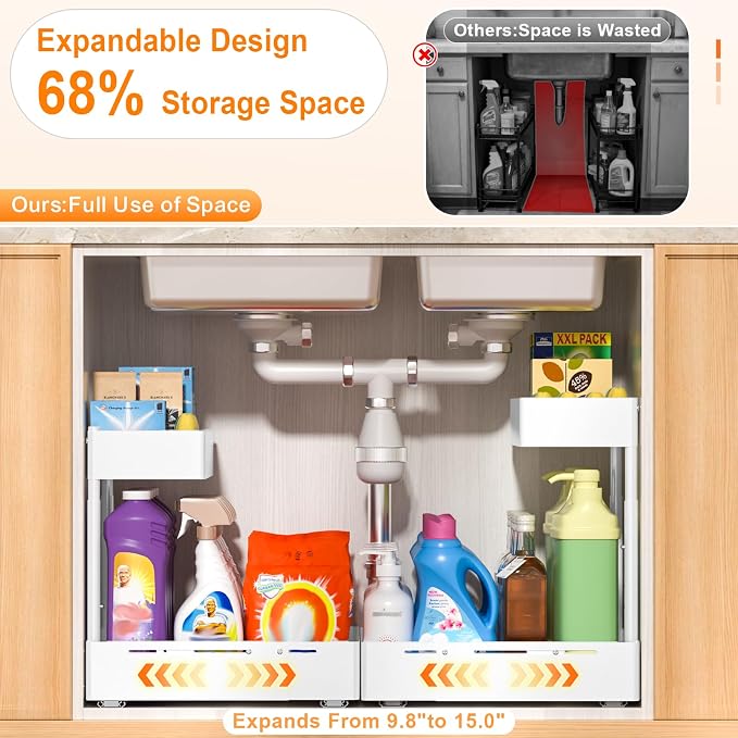 YJHome 2 Pack Expandable Under Sink Organizer, 2 Tier Pull Out Cabinet Organizer with Smooth Ball Bearing Slides, Adjustable Height Cabinet Storage Shelves for Kitchen, Bathroom, Laundry, Pantry - Image 4