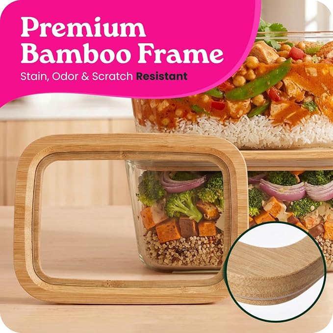 Large Glass Food Storage Containers with Glass Lids & Bamboo Rim – 87 Oz 2 Pack Plastic Free Glass Meal Prep Containers for Lunch, Eco Friendly Airtight Food Storage, Microwave & Oven Safe - Image 3