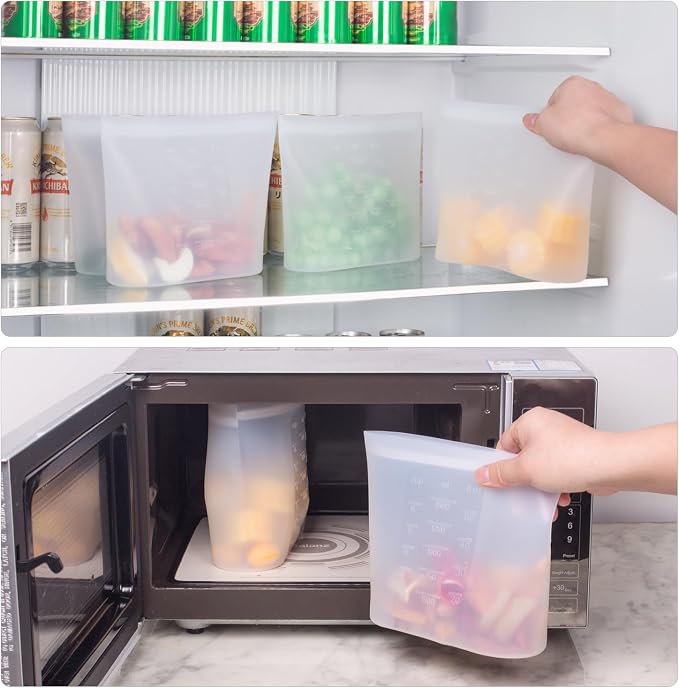 Large Reusable Food Bags 4 Pack, 1.5 Quart(50.7fl.oz) 100% Silicone Storage Bags Stand Up Zip Silicone Food Container, Freezer Microwave Oven Dishwasher Safe, Translucent - Image 5