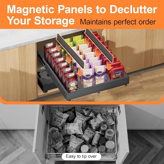 Pull out Cabinet Organizer Expandable W(12"-20") and D(16"-22"), No Drill Adjustable Slide Out Drawers With 3 Slide Rails, 2Pcs Magnetic Panel, Adhesive Roll out Shelves for Kitchen, Cabinets, Pantry - Image 5