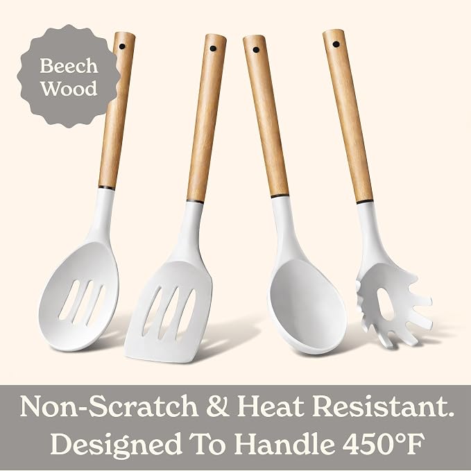 Country Kitchen Non Stick Silicone Utensil Set with Rounded Wood Handles for Cooking and Baking, 8 Piece Set, White - Image 5