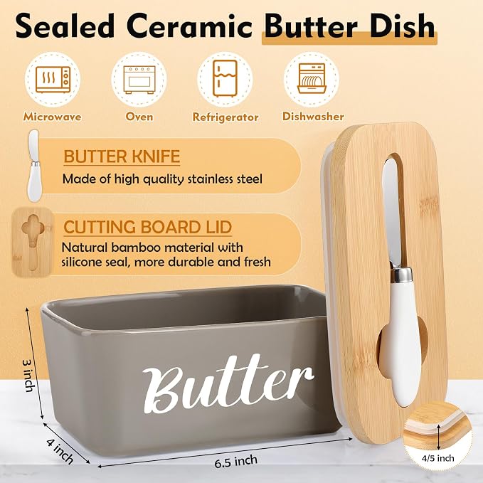 Qinyoung 2 Pcs Large Bread Box Set for Kitchen Countertop with Ceramic Butter Dish Holder Bamboo Lid Knife Metal Bread Holder Farmhouse Kitchen Storage Container for Home Housewarming Gift(Grey) - Image 3