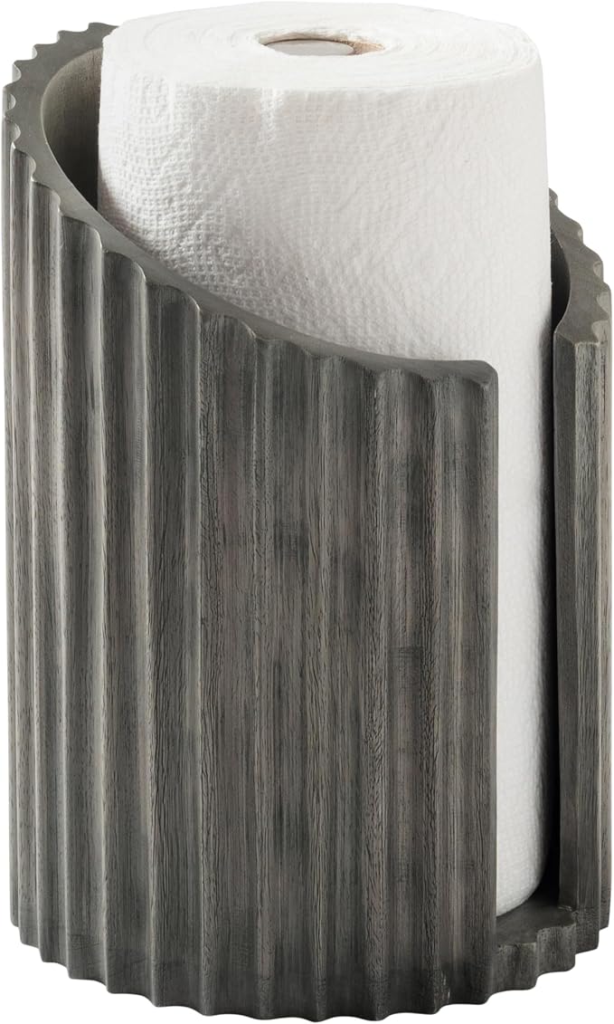 Anji Mountain Wooden Paper Towel Holder with Metal Holder, Holder Stand for Kitchen Roll Organizer & Kitchen Dining Table Home Décor, Countertop Fits Jumbo & Mega Rolls - Greige/Nickel, Fluted - Image 2